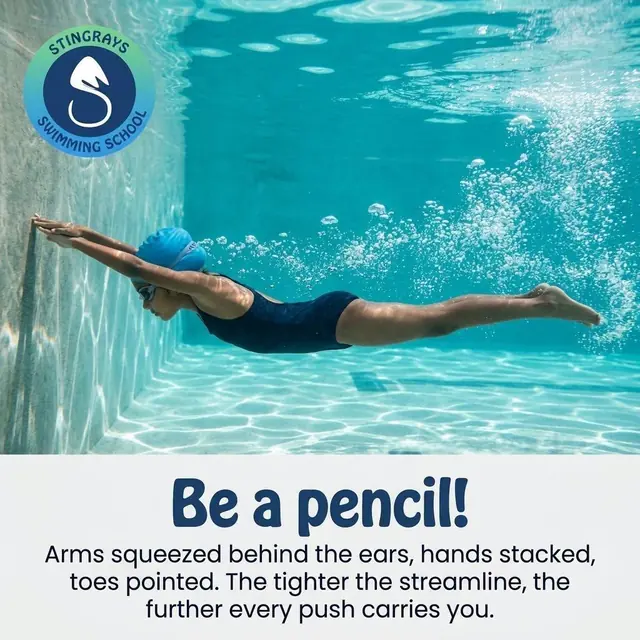 Stingrays Swim School social post: Want free speed? Be a pencil. ✏️ Arms locked straight and…