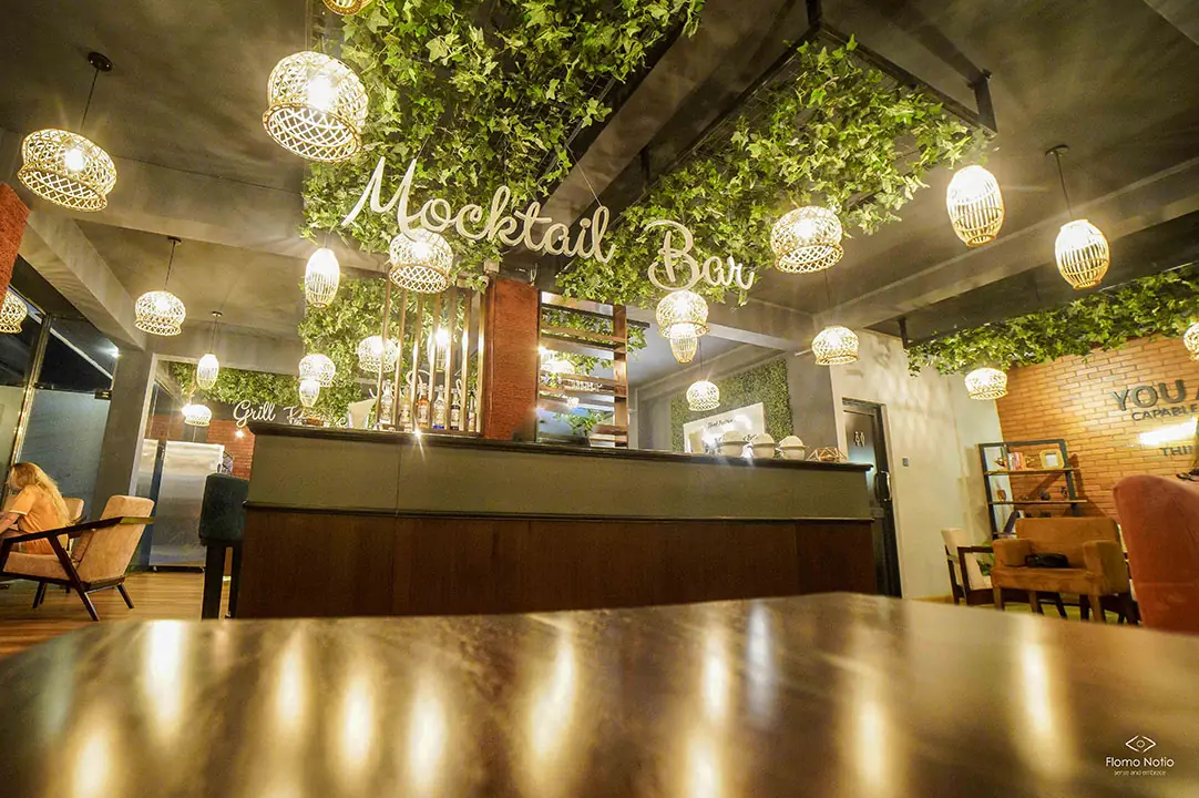 Cafe bar counter with pendant lights